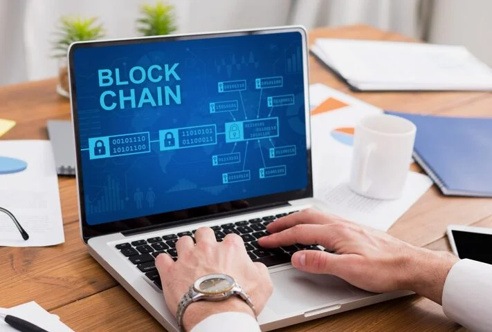 Enterprise blockchain network architecture showing secure distributed ledger connections